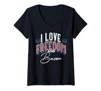 Mujer Amante patriótico Divertido de la Carne I Love Freedom and Bacon Camiseta Cuello V