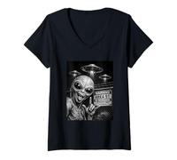 Mujer Amantes de la conspiración Alien Selfie Area 51 Divertido OVNI Camiseta Cuello V