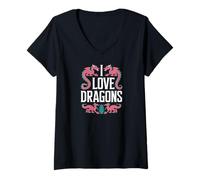 Mujer Amantes de la fantasía mística I Love Dragons Camiseta Cuello V