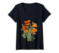 Mujer Amapolas naranjas flores silvestres de California Vector Art Camiseta Cuello V