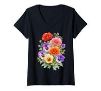 Mujer Amapolas Rojas Pensamientos Multicolores Full Bloom Formas Mania Camiseta Cuello V