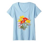 Mujer Amapolas Rojas y Amarillas y Pensamientos Full Bloom Shapes Mania Camiseta Cuello V