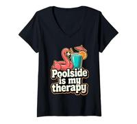 Mujer Ambiente de Verano Junto a la Piscina es mi Terapia Bebida Camiseta Cuello V