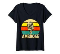 Mujer Ambrose - Micrófono Retro con Nombre y música Divertida de los años 80 Camiseta Cuello V