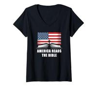 Mujer America Reads The Bible - United States Flag Christian Faith Camiseta Cuello V