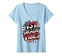 Mujer American 1ST Grade Vibes Happy Band Teacher Crew Recuerdo Camiseta Cuello V