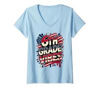 Mujer American 6TH Grade Vibes First Day My Patriotic Teacher Crew Camiseta Cuello V