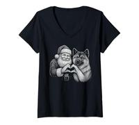 Mujer American Akita Santa Claus Corazón Forma Navidad Perro Amante Camiseta Cuello V