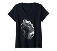 Mujer American-Curl Cat Dibujo Gráfico Cara Ojos Azules O Camiseta Cuello V