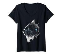 Mujer American-Curl Dibujo Gato Ojos Azules Motivo Ilustración Camiseta Cuello V