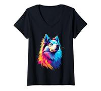 Mujer American Eskimo Lovers Colorido Pop Art American Eskimo Dog Camiseta Cuello V