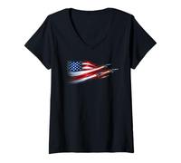 Mujer American Patriotic Fighter Jets USA Flag ondeando el 4 de Julio Camiseta Cuello V