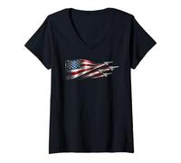Mujer American Patriotic Fighter Jets USA Flag ondeando el 4 de Julio Camiseta Cuello V