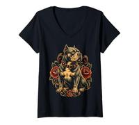Mujer American Pit Bull Roses Retrato de Arte Estilo Tatuaje Vintage Camiseta Cuello V