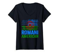 Mujer American Romani | Banderas de Roma Traveller & USA envejecidas Camiseta Cuello V