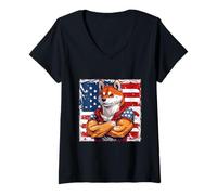 Mujer American Shiba Inu Dog Mascot Bandera de Estados Unidos Camiseta Cuello V
