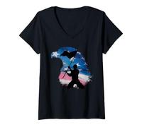 Mujer American Soldier Silhouette Eagle USA Flag Illustration Camiseta Cuello V