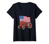 Mujer American USA Flag Tractor Farmer Camiseta Cuello V