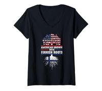Mujer Americano cultivado con raíces finlandesas USA Finlandia Vintage Suomi Camiseta Cuello V