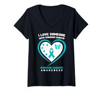 Mujer Amo a Alguien con Conciencia sobre el cáncer de Ovario Camiseta Cuello V