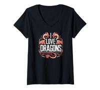 Mujer Amo a los dragones feroces criaturas míticas Camiseta Cuello V