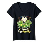 Mujer Amo a mi Familia Rana Linda Dibujos Animados Día de la Madre Camiseta Cuello V