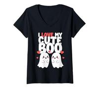 Mujer Amo a mi Lindo Boo tee Halloween Fantasma Parejas Amante Camiseta Cuello V