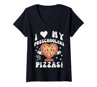 Mujer Amo a mis preescolares a pizzas Maestro Preescolar Mi corazón Camiseta Cuello V