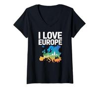 Mujer Amo Europa Mapa Ciudades Horizonte Viajes Camiseta Cuello V