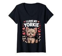 Mujer Amo mi Yorkie Lindo Cachorro Yorkshire Terrier Huella Camiseta Cuello V