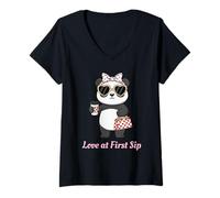 Mujer Amor al Primer sorbo Panda Coffee Lover Cute Valentine Camiseta Cuello V