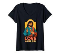 Mujer Amor como Él Hizo Sagrado Corazón Jesús Fe Cristiana Retro Icono Camiseta Cuello V