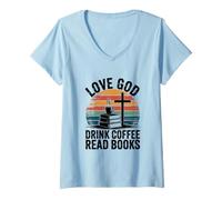 Mujer Amor Dios Beber Café Leer Libros Christian Retro Reading Camiseta Cuello V