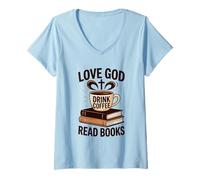 Mujer Amor Dios Beber Café Leer Libros Christian Vintage Reading Camiseta Cuello V