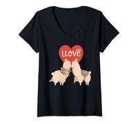 Mujer Amor Llamas Lindo Animal Pareja San Valentín Corazón Estética Camiseta Cuello V