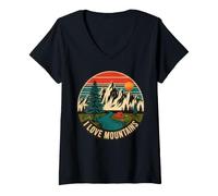 Mujer Amor Montañas Vintage Camping Nature Gráfico Camiseta Cuello V