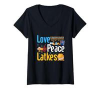 Mujer Amor Paz Latkes Hanukkah Janucá Judío Camiseta Cuello V