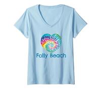 Mujer Amor Tie Dye Corazón Folly Beach Hippy Loves South Carolina Camiseta Cuello V
