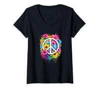 Mujer Amor y Paz Hippie Flower Power Signo de la Paz Flores Camiseta Cuello V