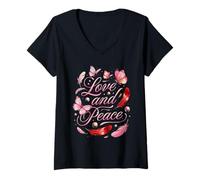 Mujer Amor y Paz Pluma de Mariposa Suave Estética Script Camiseta Cuello V