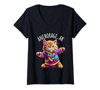 Mujer Anchorage Alaska USA - Divertido diseño de Gato bailarín Camiseta Cuello V