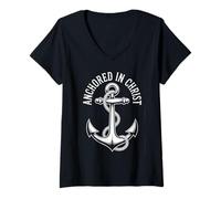Mujer Anchored In Christ Religious Christian Faith Hombres Mujeres Camiseta Cuello V