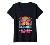Mujer Anciano Blanco Hippie Retro Vibe Mariposa Vintage 70s Groovy Camiseta Cuello V