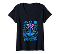 Mujer Ancla náutica con conchas y estrellas Camiseta Cuello V