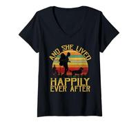 Mujer and She Lived Happily Ever After Camping - Camiseta de Senderismo para Perro Camiseta Cuello V