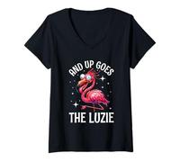 Mujer And Up Goes The Luzie Flamingo Loco Celebración con texto en alemán Camiseta Cuello V
