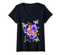 Mujer Anémona Caléndula Margarita Mariposas Gotas de rocío Formas Mania Camiseta Cuello V