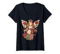 Mujer Ángel de Navidad con Estrellas Doradas - Arte Festivo Acogedor Camiseta Cuello V