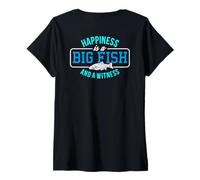 Mujer Angler Happiness Big Fish and Witness - Regalo de Pesca, Color Negro Camiseta Cuello V