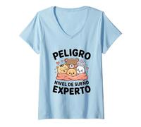 Mujer Animales Tiernos Dormilones Peligro Nivel de Sueno Experto Camiseta Cuello V